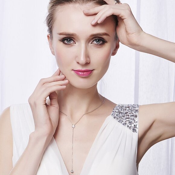 NWOT Leaf Design CZ 925 Sterling Silver Cascading Pendant Y Necklace with CZ - Picture 3 of 6